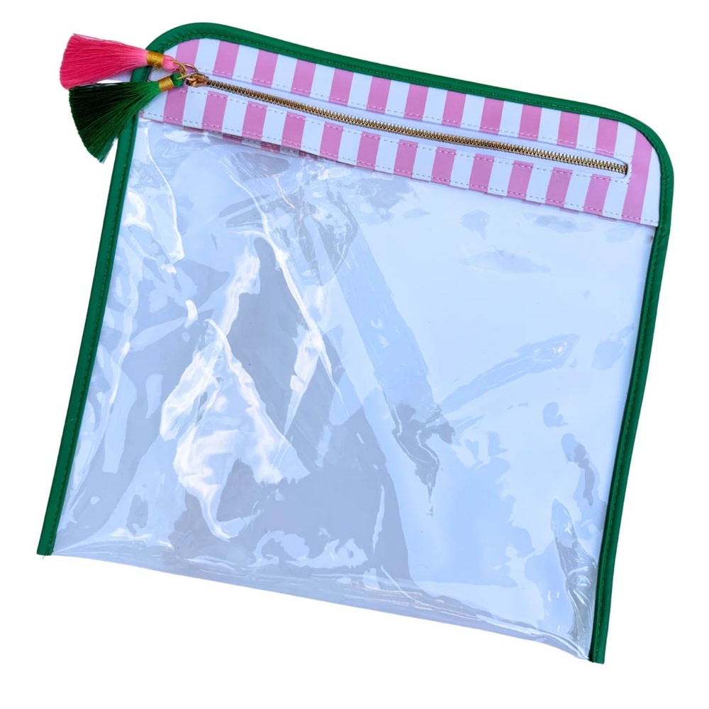 Striped Pink and Green AKA transparent Clutch Pouch Make-up Bag w/ Tassels